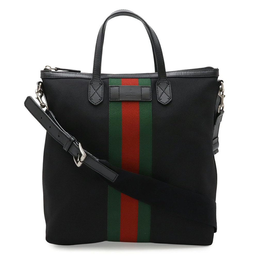 Gucci Web Stripe Sherry Tote Bag Shoulder Canvas Leather Black